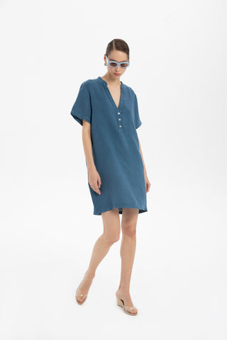 V-Neck Linen Oversize Tunic Dress - Dress