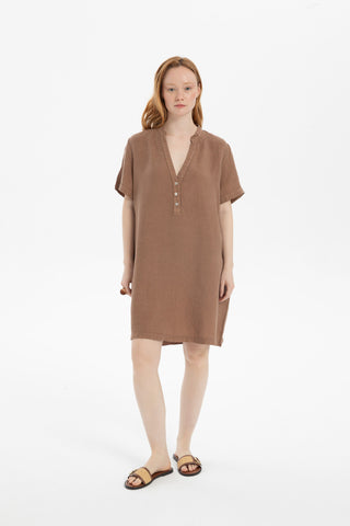 V-Neck Linen Oversize Tunic Dress - Brown / S/M - Dress