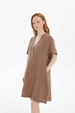 V-Neck Linen Oversize Tunic Dress - Dress