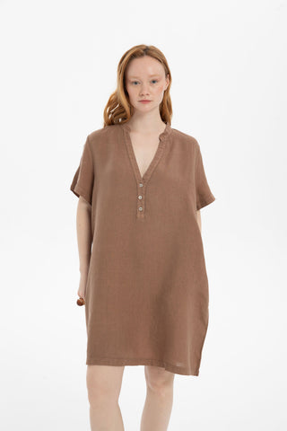 V-Neck Linen Oversize Tunic Dress - Dress