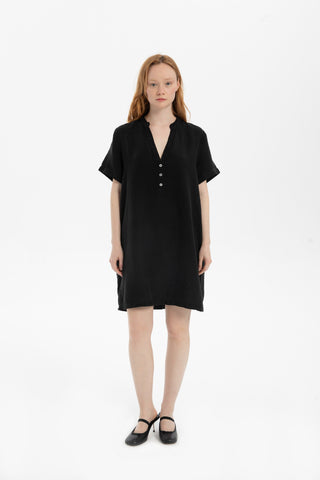 V-Neck Linen Oversize Tunic Dress - Black / S/M - Dress