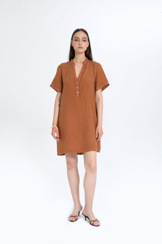 V-Neck Linen Oversize Tunic Dress - Dress
