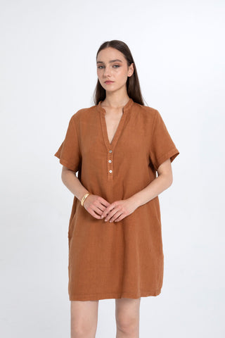 V-Neck Linen Oversize Tunic Dress - Dress
