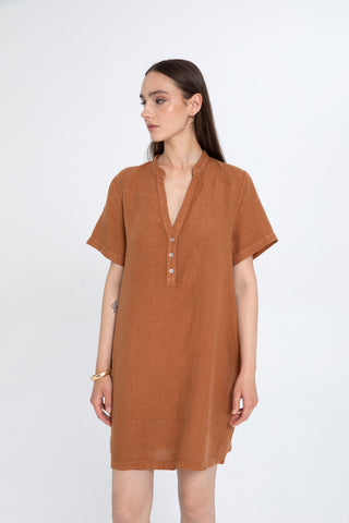 V-Neck Linen Oversize Tunic Dress - Dress