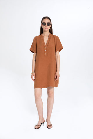 V-Neck Linen Oversize Tunic Dress - Dress