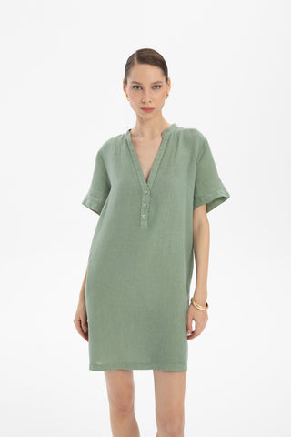 V-Neck Linen Oversize Tunic Dress - Moss Green / S/M - Dress