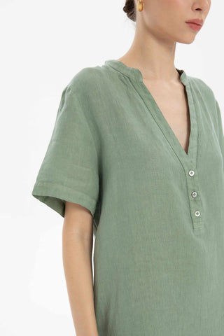 V-Neck Linen Oversize Tunic Dress - Dress