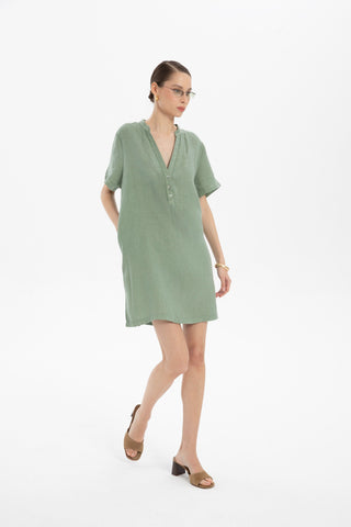 V-Neck Linen Oversize Tunic Dress - Dress