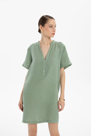 V-Neck Linen Oversize Tunic Dress - Dress
