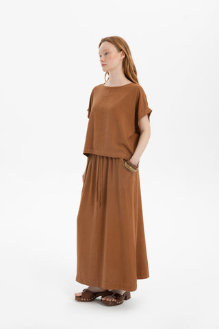 Linen Blend A-Line Midi Skirt - Skirt