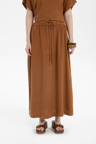 Linen Blend A-Line Midi Skirt - Skirt