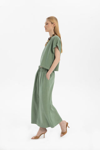 Linen Blend A-Line Midi Skirt - Skirt