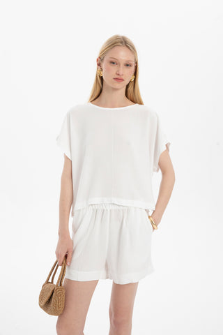 Linen Blend Women's Blouse with Stitching Details