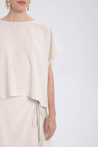 Linen Blend Women's Blouse with Stitching Details