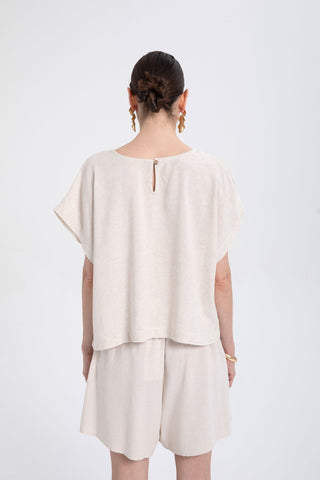 Linen Blend Women's Blouse with Stitching Details