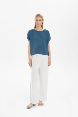 Linen Blend Women's Blouse with Stitching Details