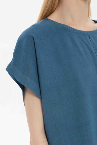 Linen Blend Women's Blouse with Stitching Details