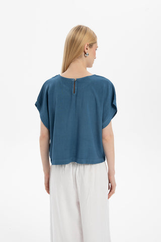 Linen Blend Women's Blouse with Stitching Details