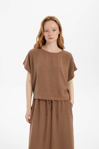 Linen Blend Women's Blouse with Stitching Details