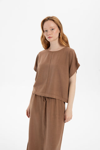 Linen Blend Women's Blouse with Stitching Details