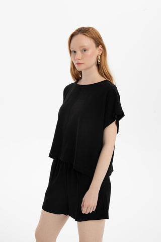 Linen Blend Women's Blouse with Stitching Details