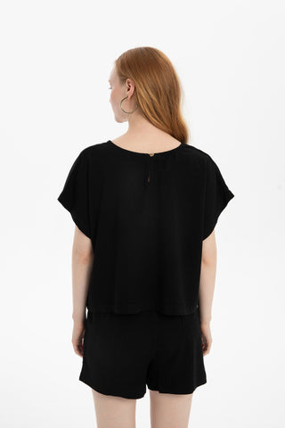 Linen Blend Women's Blouse with Stitching Details