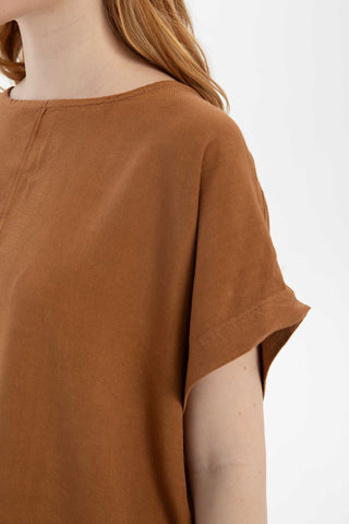 Linen Blend Women's Blouse with Stitching Details