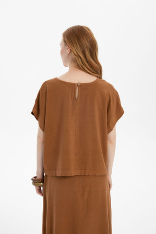 Linen Blend Women's Blouse with Stitching Details
