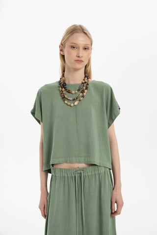 Linen Blend Women's Blouse with Stitching Details