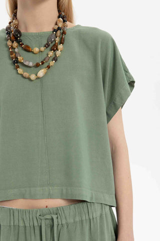 Linen Blend Women's Blouse with Stitching Details