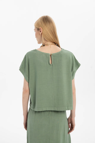 Linen Blend Women's Blouse with Stitching Details