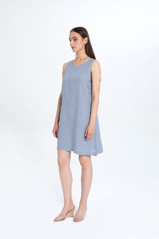 Linen Sleeveless Round Neck Dress - Ice Blue / S/M - Dress