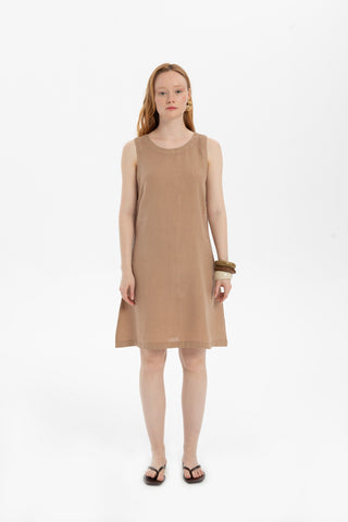 Linen Sleeveless Round Neck Dress - Mocha / S/M - Dress