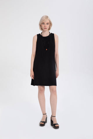 Linen Sleeveless Round Neck Dress - Black / S/M - Dress