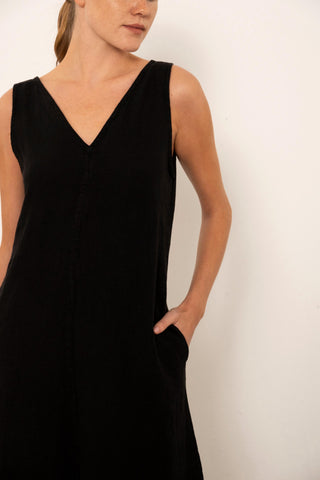 V-Neck Raw Linen Dress with Slits - Dress