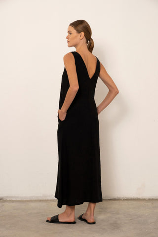 V-Neck Raw Linen Dress with Slits - Dress