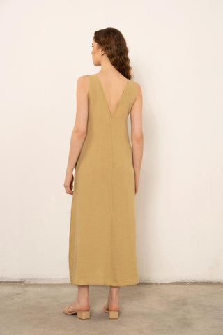 V-Neck Raw Linen Dress with Slits - Dress