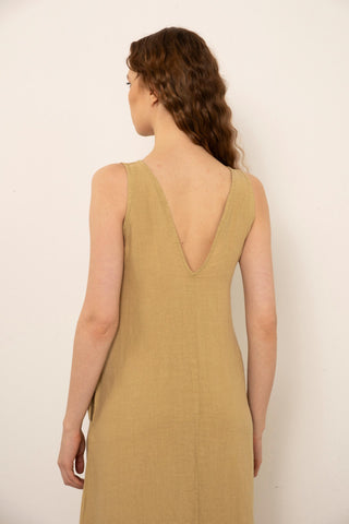 V-Neck Raw Linen Dress with Slits - Dress