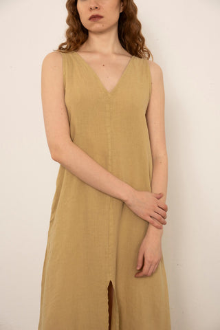 V-Neck Raw Linen Dress with Slits - Dress
