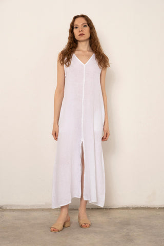V-Neck Raw Linen Dress with Slits - White / S/M - Dress