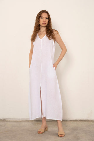 V-Neck Raw Linen Dress with Slits - Dress
