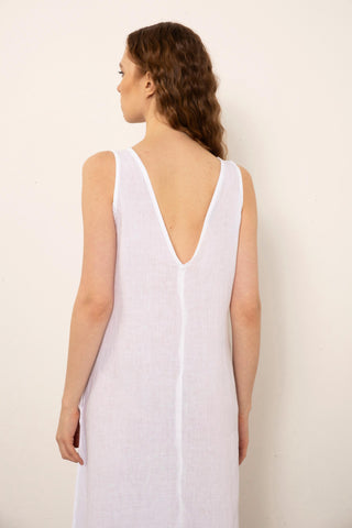 V-Neck Raw Linen Dress with Slits - Dress