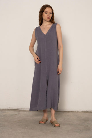 V-Neck Raw Linen Dress with Slits - Lilac / S/M - Dress