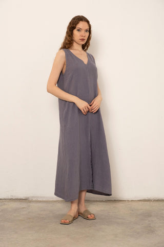 V-Neck Raw Linen Dress with Slits - Dress