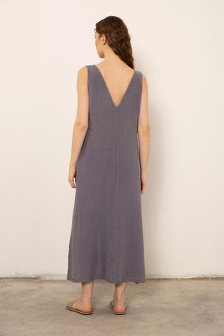 V-Neck Raw Linen Dress with Slits - Dress