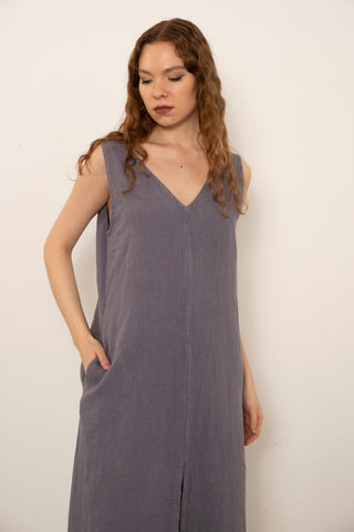V-Neck Raw Linen Dress with Slits - Dress