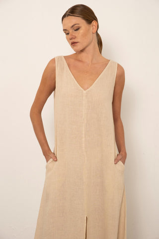 V-Neck Raw Linen Dress with Slits - Dress
