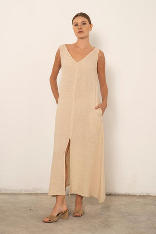 V-Neck Raw Linen Dress with Slits - Beige / S/M - Dress