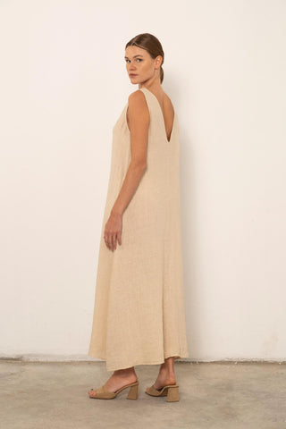 V-Neck Raw Linen Dress with Slits - Dress