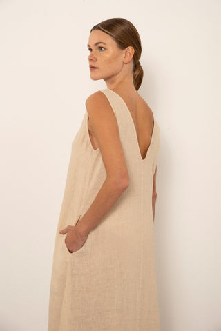 V-Neck Raw Linen Dress with Slits - Dress